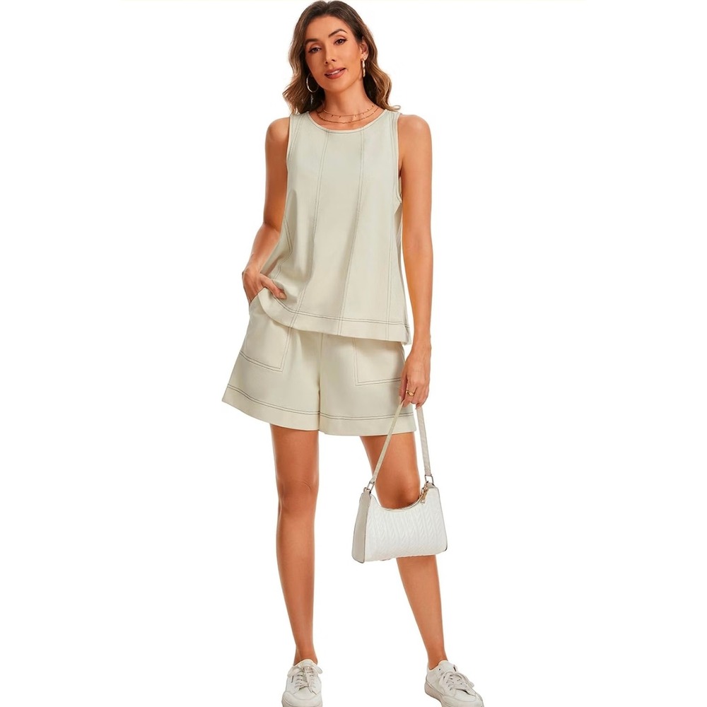 Womens 2 Piece Lounge Set Casual Sleeveless Tank Top and Shorts with Pockets Med